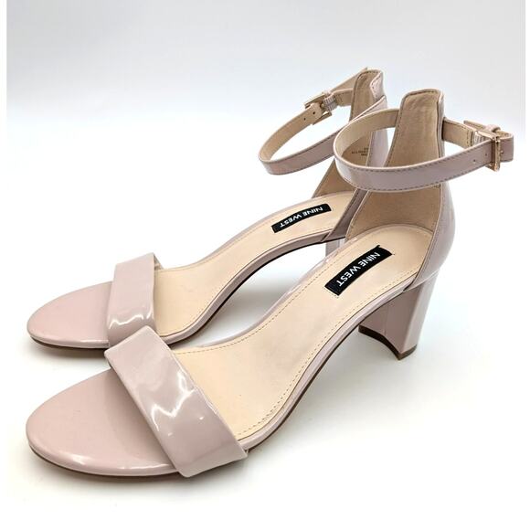 Nine West Pruce Ankle Strap Block Heel Sandals Natural Patent Size US8.5 EU39 - Picture 1 of 13